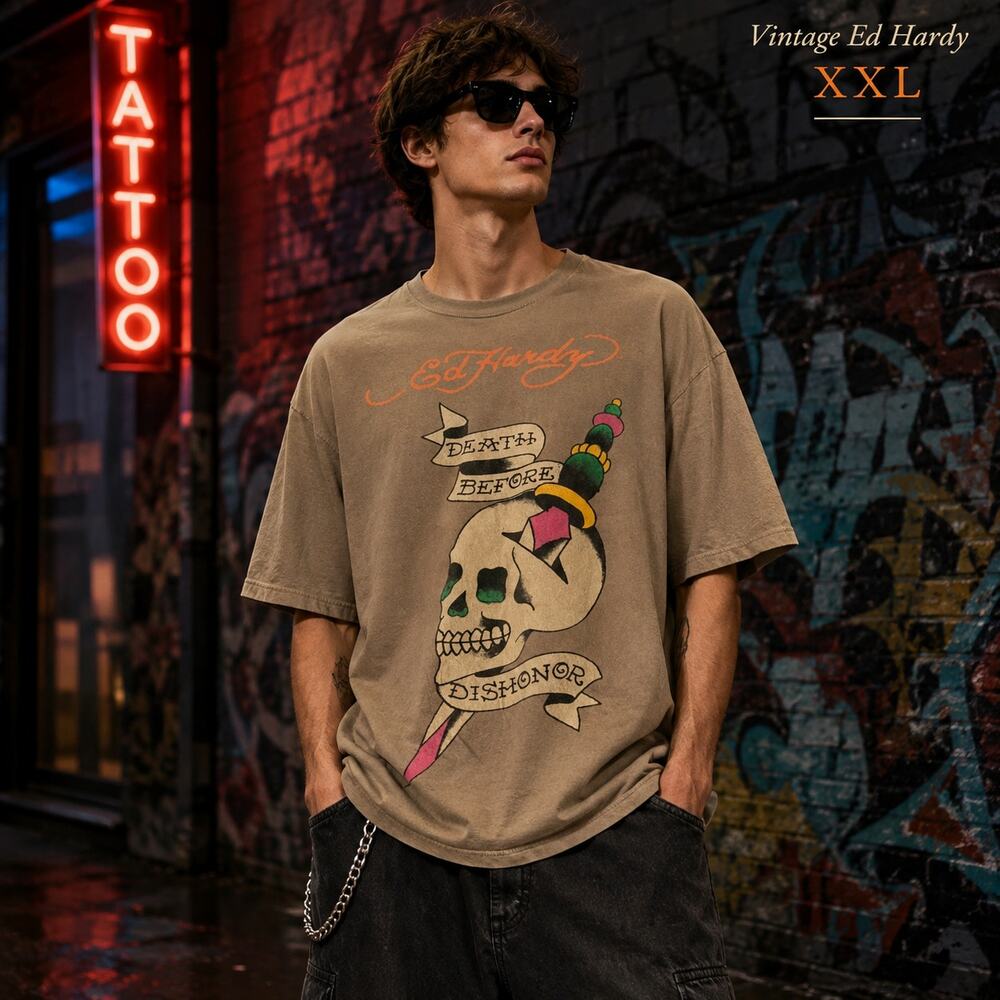 Authentic Vintage Y2K Ed Hardy Christian Audigier Death Before Dishonor Tee XXL